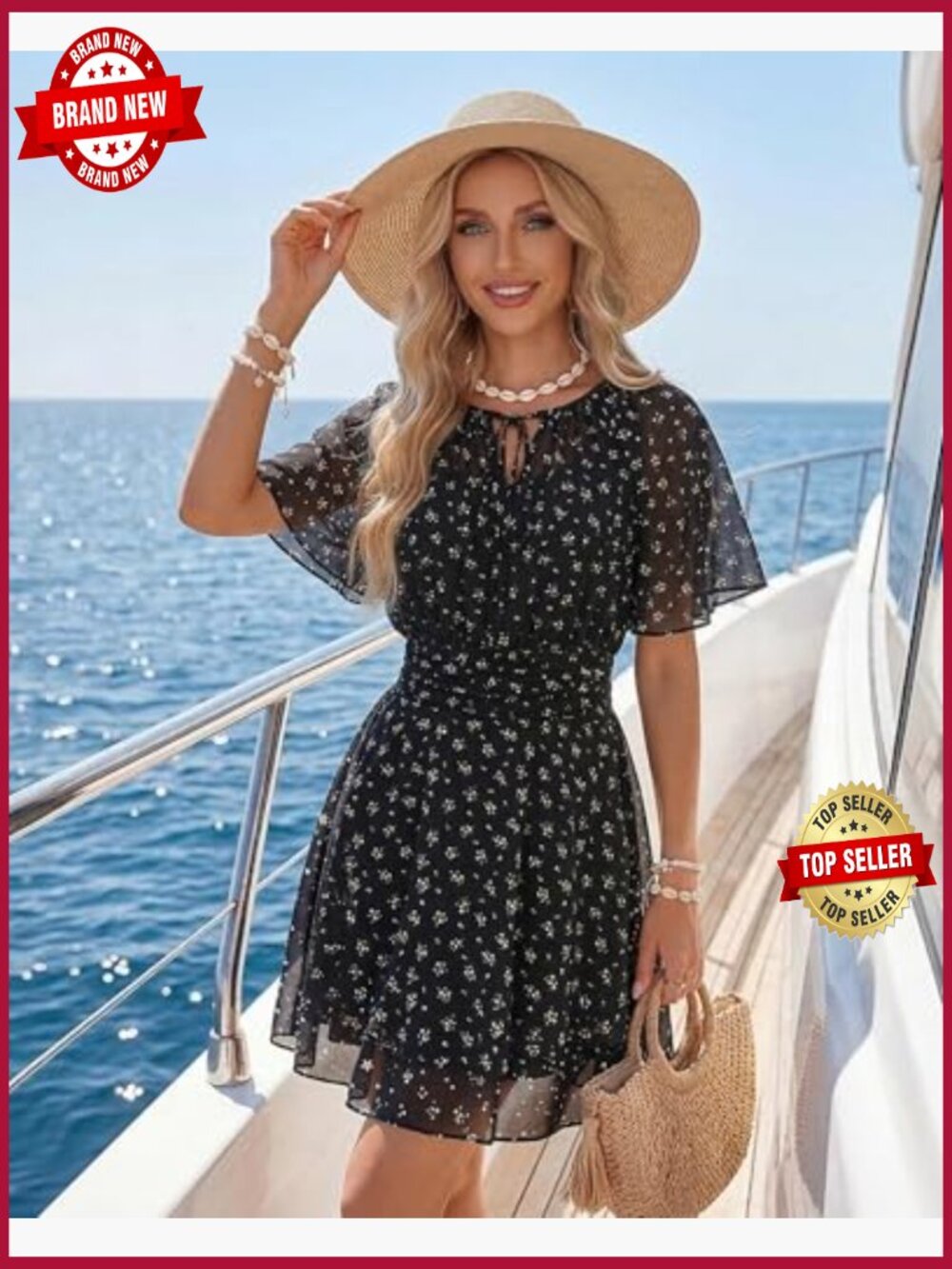 Chiffon Floral Mini Dress V-Neck Ruffle Bell Sleeve Beach Sundress - Picture 3 of 7